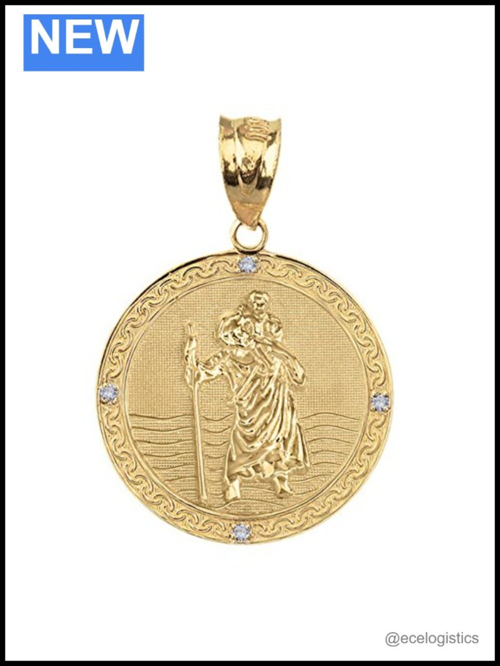 Solid 10k Gold Saint Christopher Diamond Round Medal Pendant